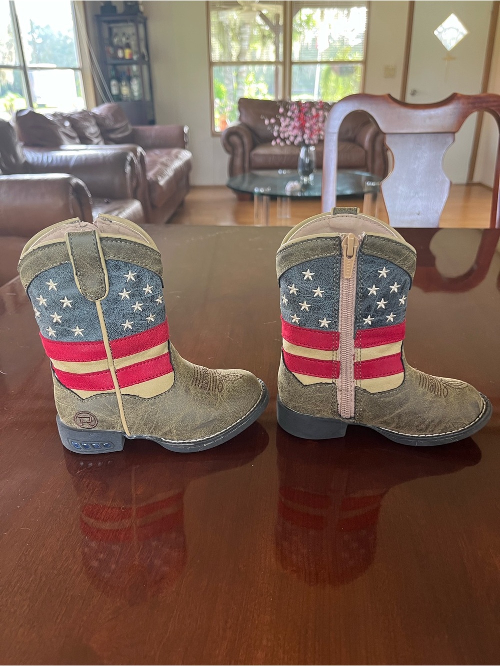 Roper Kids Western Boots in Olive, Red & Blue Flag Design
